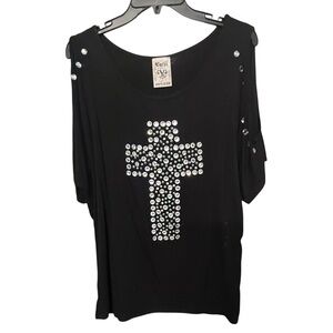 Vocal size large black cold shoulder T- shirt embellished scoop neck